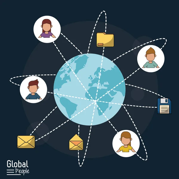 Cartaz de pessoas globais com fundo azul escuro com globo mundial e links de comunicação global — Vetor de Stock