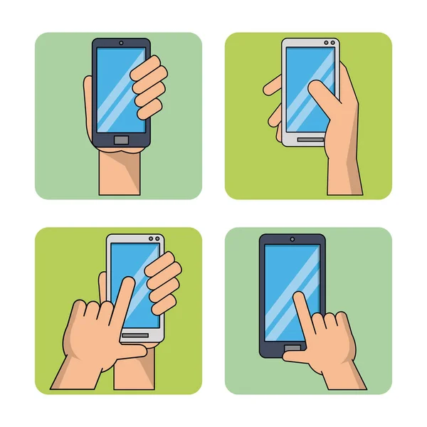 Weißer Hintergrund mit bunten quadratischen Rahmen der Hände mit den Smartphones — Stockvektor
