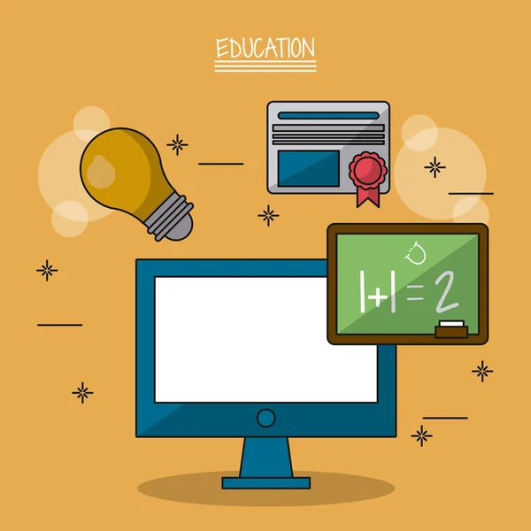 Красочный плакат образования с компьютером и доской крупным планом и иконками лампочки и диплома — стоковый вектор