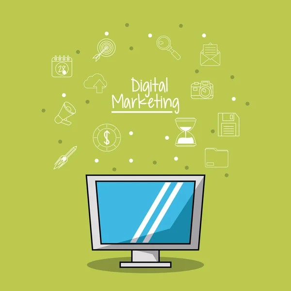 Póster de marketing digital con monitor lcd y fondo de boceto de iconos de marketing — Archivo Imágenes Vectoriales