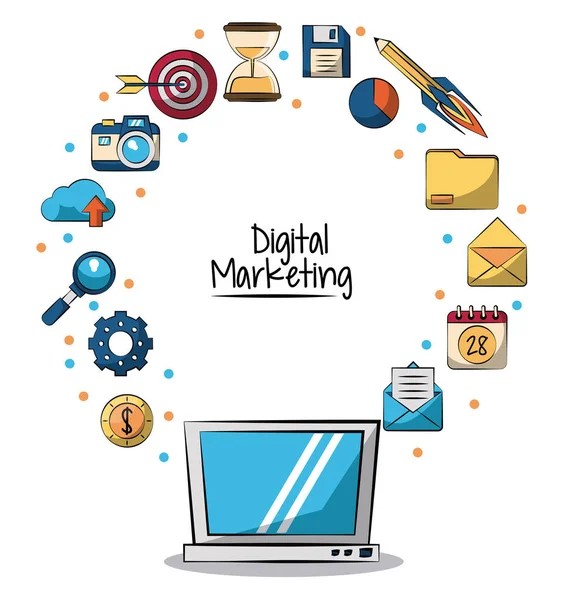 Póster de marketing digital con ordenador portátil en primer plano y los iconos de marketing en torno a él — Vector de stock
