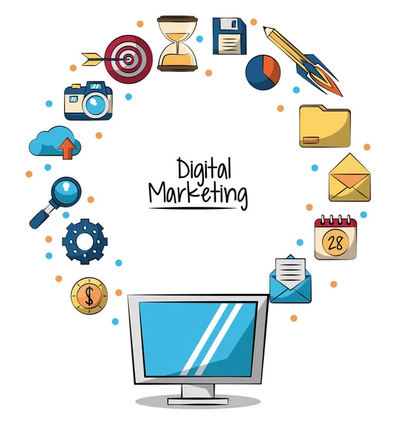 Poster van digitale marketing met lcd monitor in close-up en marketing van pictogrammen rond op hem — Stockvector