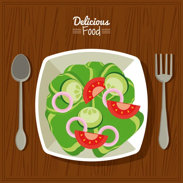 キッチン テーブル背景と野菜のサラダの皿とカトラリーのポスターのおいしい食べ物 — ストックベクタ