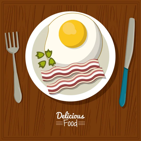 Afiche deliciosa comida en fondo de mesa de cocina y cubiertos con plato de huevo frito con tocino — Archivo Imágenes Vectoriales