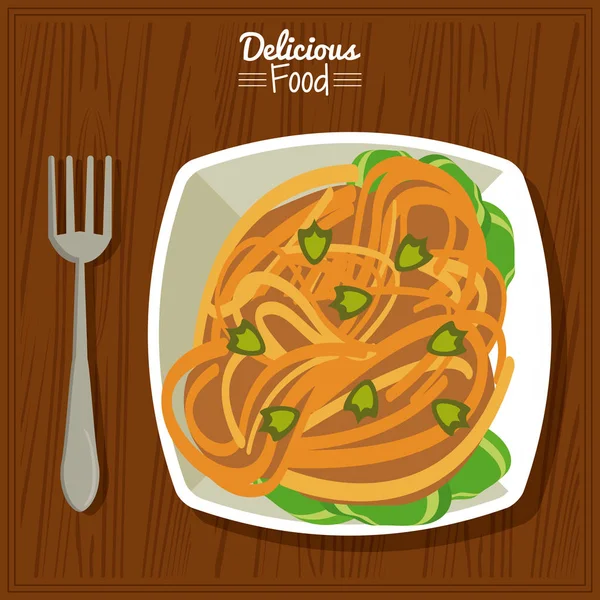 Affiche délicieux aliments en fond de table de cuisine avec fourchette et plat de pâtes aux légumes — Image vectorielle