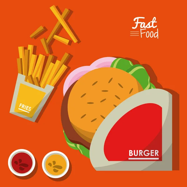 Afiche comida rápida en fondo naranja con hamburguesa y salsas y papas fritas — Archivo Imágenes Vectoriales