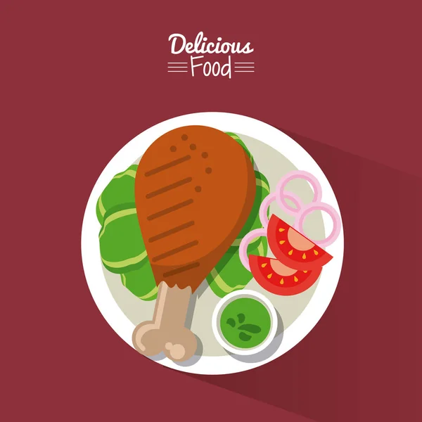 Afiche deliciosa comida en fondo púrpura con plato de pollo frito con verduras — Vector de stock