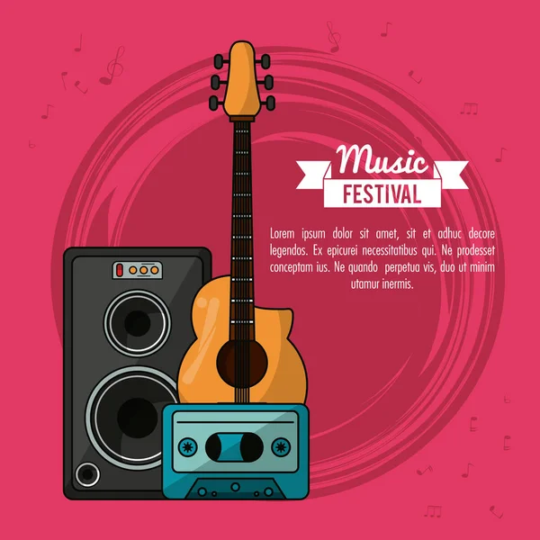 Cartel festival de música en fondo magenta con guitarra y caja de altavoces y casete de cinta — Vector de stock