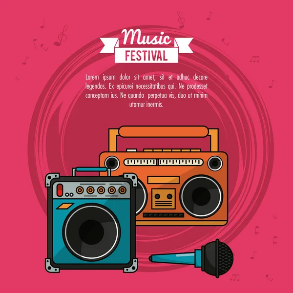 Festival de musique d'affiche en fond magenta avec lecteur de cassette et haut-parleur et microphone — Image vectorielle