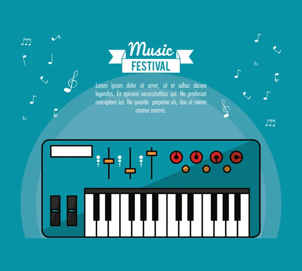 Affiche festival de musique en fond bleu avec piano électronique — Image vectorielle