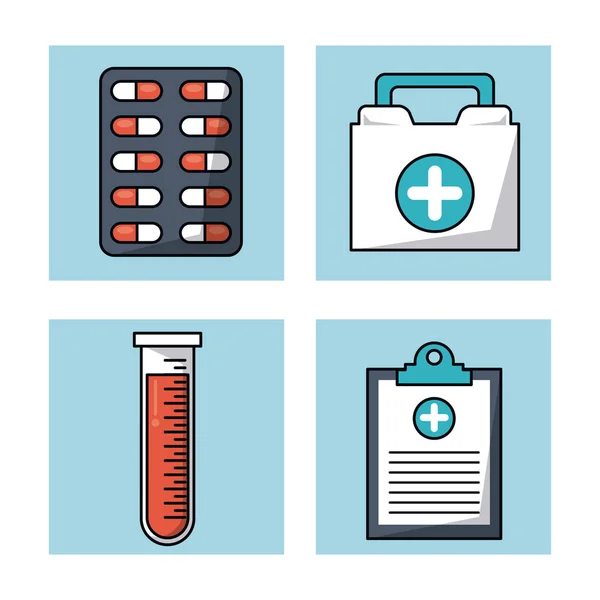 Fondo blanco con marcos con pastillas y botiquín de primeros auxilios y tubo de ensayo y bloc de notas médico — Archivo Imágenes Vectoriales