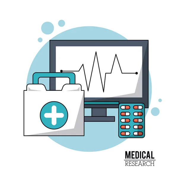 Χρώμα αφίσα ιατρική έρευνα με εικονίδια παλμό παρακολούθησης και πρώτες βοήθειες kit και χάπια — Διανυσματικό Αρχείο