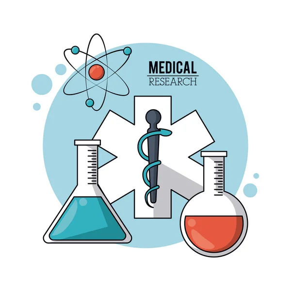 생활 및 테스트 튜브 및 원자 아이콘의 기호 별 컬러 포스터 의료 연구 — 스톡 벡터