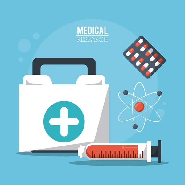Barevný plakát lékařského výzkumu kit a stříkačka a prášky a atom ikonou první pomoc — Stockový vektor