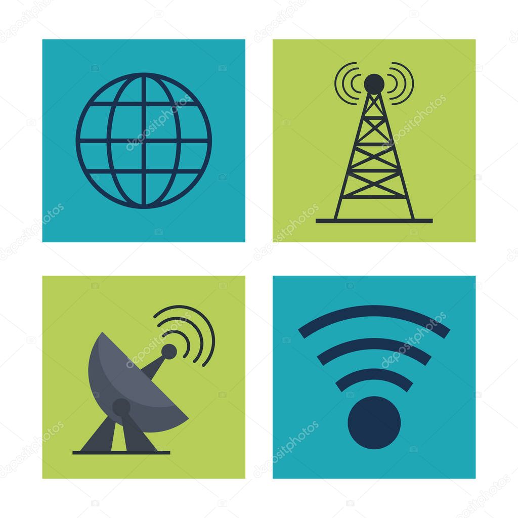 white background with square frames graphics with icons of globe earth and signal antennas