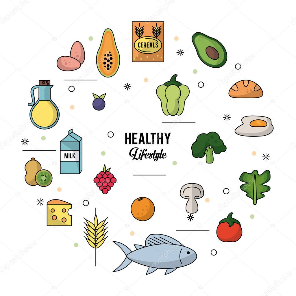 white background of healthy lifestyle with colorful set of foods