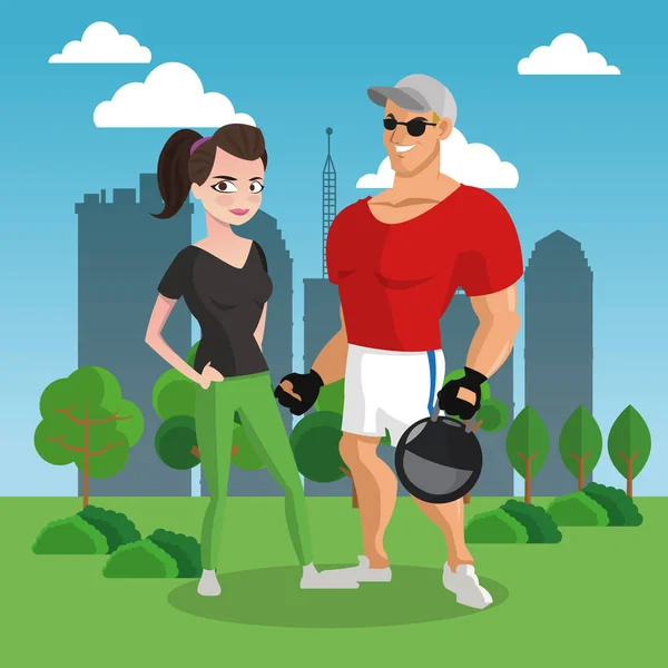 Pareja de fitness en parque de dibujos animados — Vector de stock