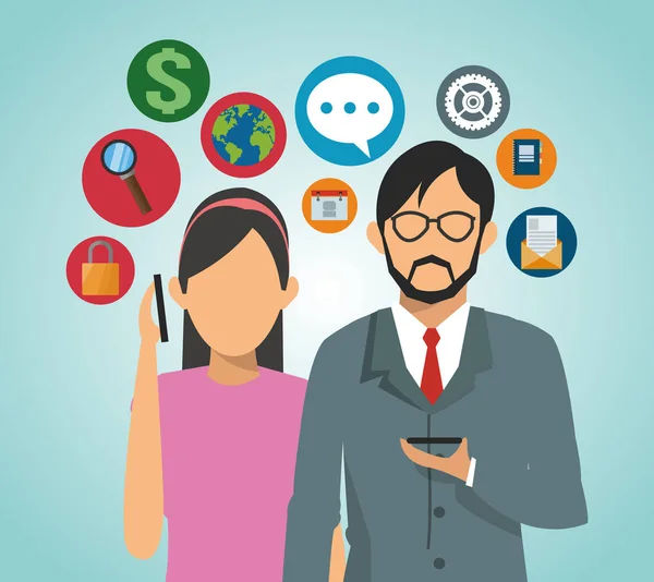 Couple d'affaires avec smartphone dessin animé — Image vectorielle
