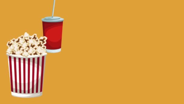 Popcorn, soda e bicchieri 3d HD animazione — Video Stock