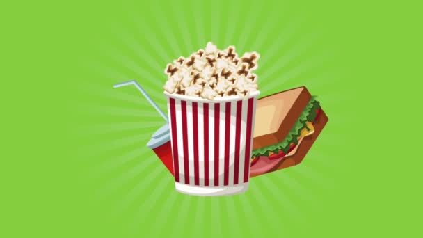 Popcorn with soda and sandwich — Stock Video