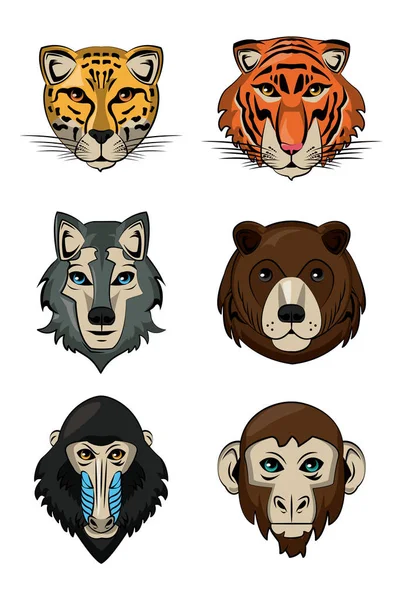 Animais selvagens cabeças desenhos animados —  Vetores de Stock