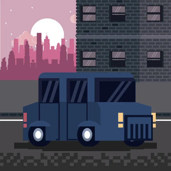 Ciężarówka piksele na miasto w nocy — Wektor stockowy