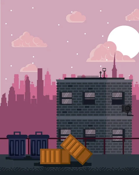 Paisagem Pixelada do videogame da cidade — Vetor de Stock