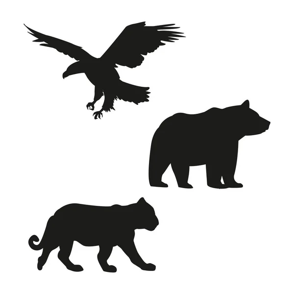 Adler, Bär und Tiger schwarze Silhouette — Stockvektor
