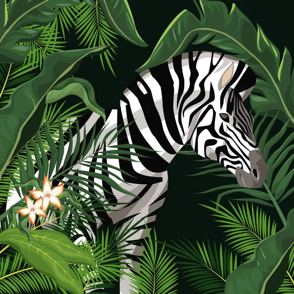 Zebra dengan daun di sekitar - Stok Vektor
