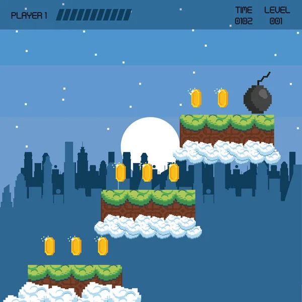 Pixelado paisaje de videojuegos urbanos — Vector de stock