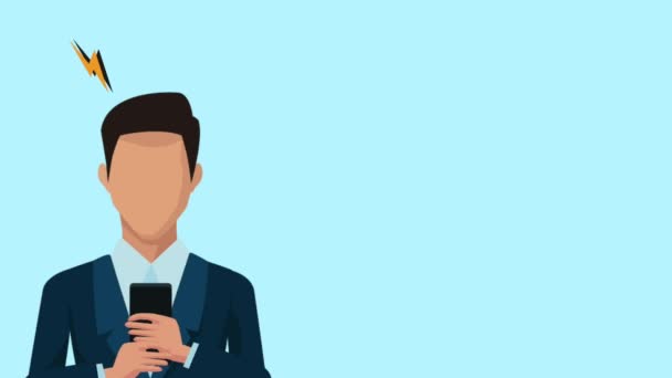 Podnikatel, pomocí smartphone a energetické paprsky animace — Stock video