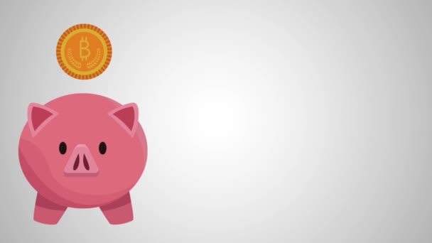 Cerdito con animación de comercio electrónico bitcoin — Vídeo de stock