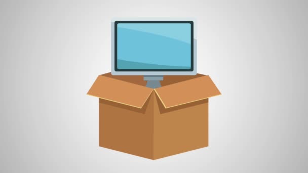 Boîte en carton avec moniteur animation informatique — Video