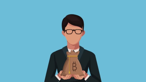 Hombre de negocios con bolsa bitcoin comercio electrónico animación — Vídeo de stock