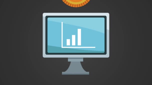 Istatistikler ve bitcoin yağmur e-ticaret animasyon ile bilgisayar — Stok video