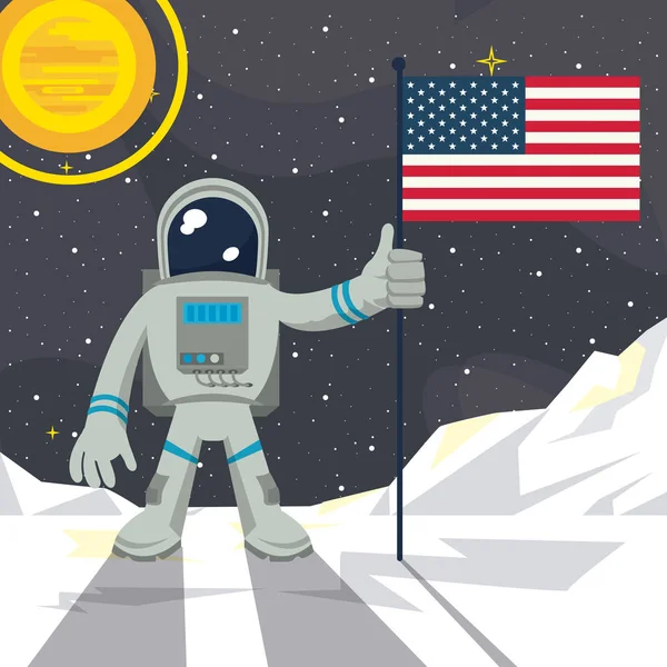 Astronaut in the moon nailing USA flag — Stock Vector