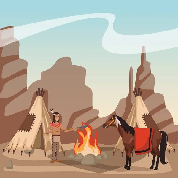 Guerrier indien américain avec cheval — Image vectorielle