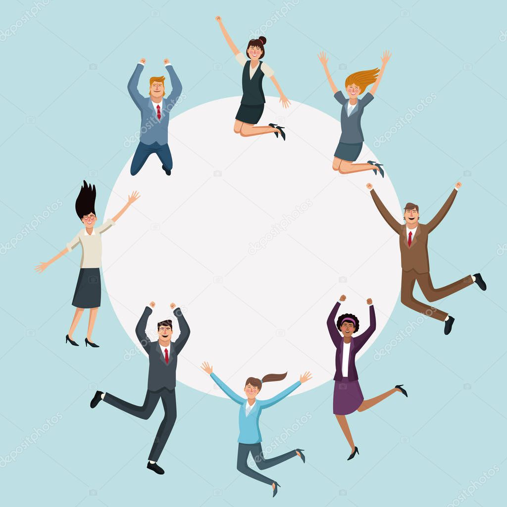 Happy business people jumping with round frame