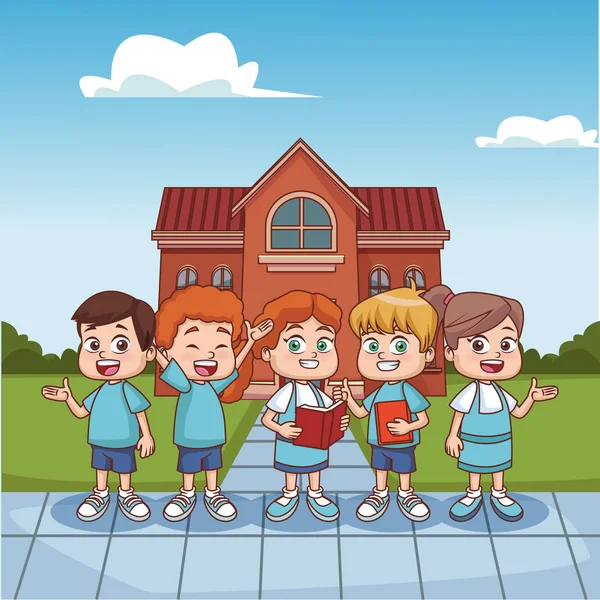 Studenter barn utanför skolbyggnaden — Stock vektor