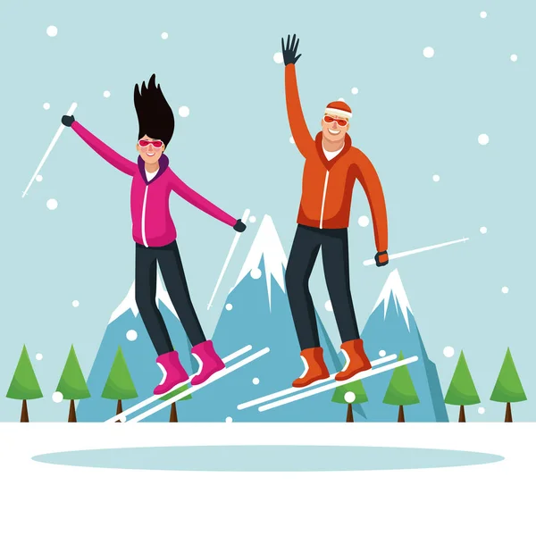 Мужчина и женщина с лыжами — стоковый вектор