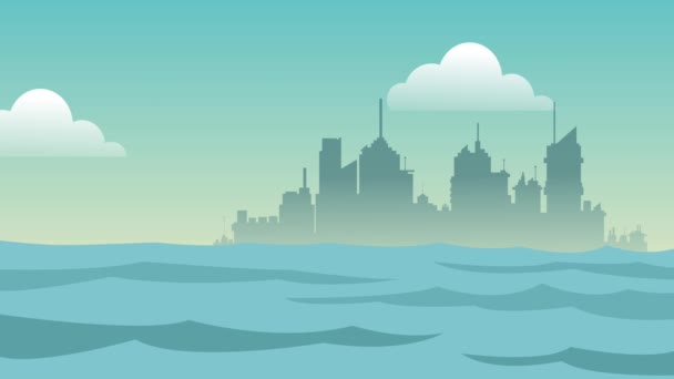 Stadtbild über dem Meer hd Animation — Stockvideo