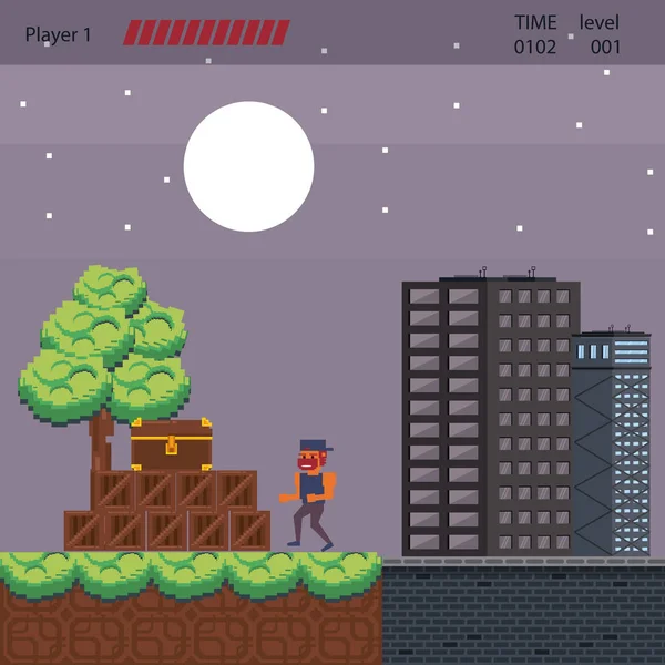 Городская сцена видеоигр в пикселях — стоковый вектор