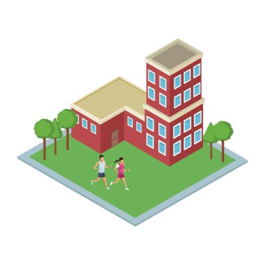 Yeşil bölgeleri ile izometrik bina kullanmak
