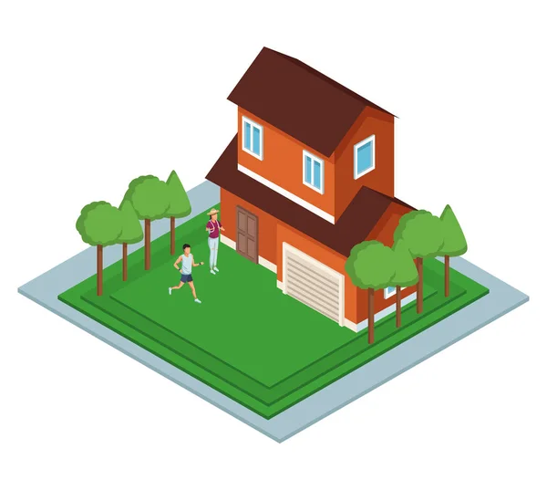 Casa isométrica con zonas verdes — Vector de stock