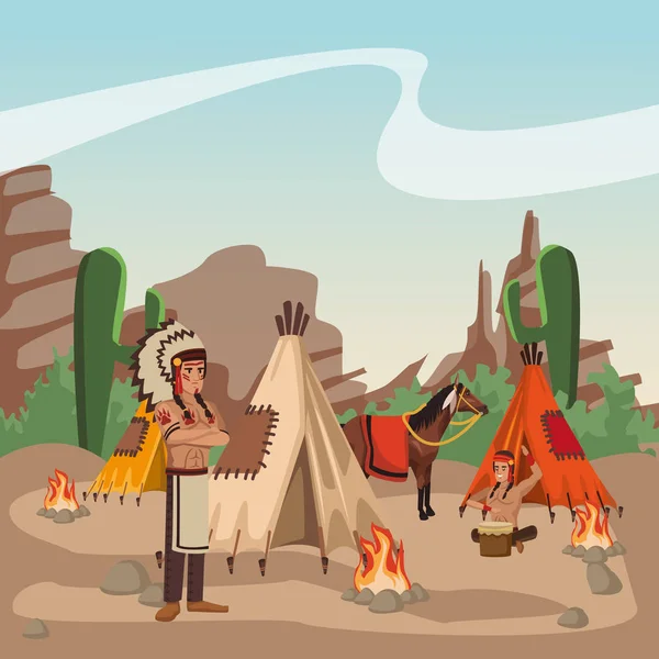 Guerreros indios americanos en la aldea — Vector de stock