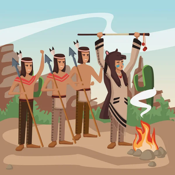 Американские индейские воины в деревне — стоковый вектор