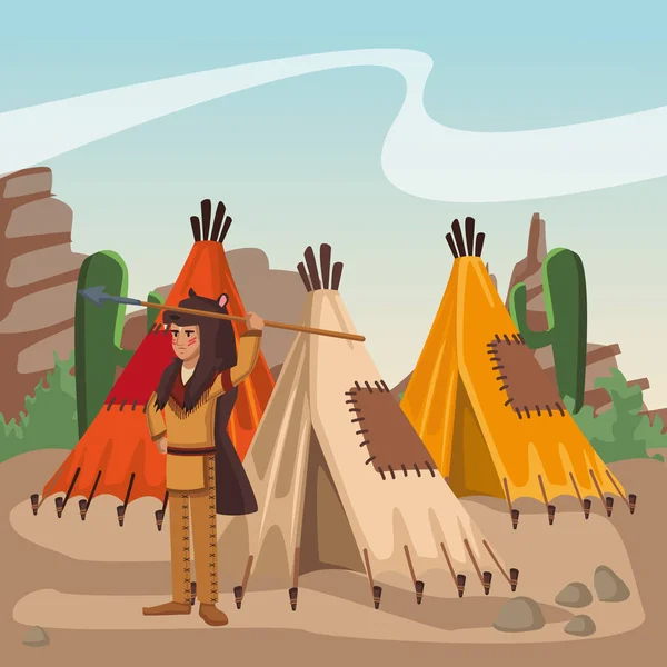 美国印第安人在村庄 — 图库矢量图片
