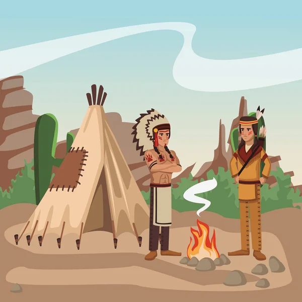 Guerreros indios americanos en la aldea — Vector de stock