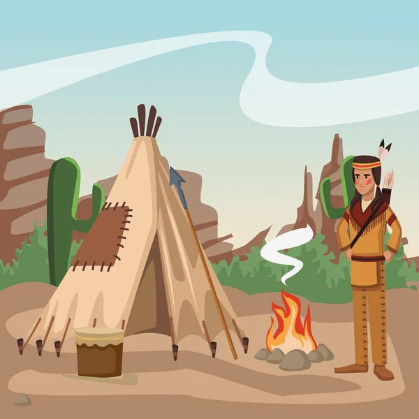 Índio americano na aldeia — Vetor de Stock