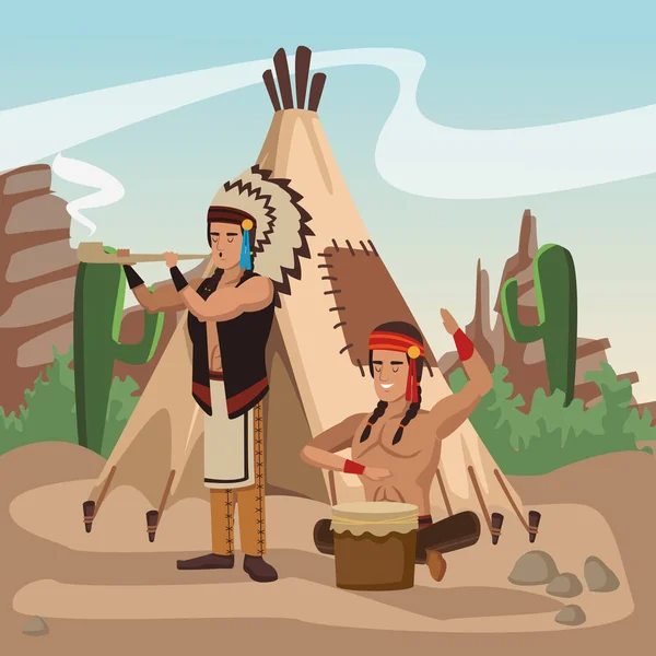 Indio americano en la aldea — Vector de stock